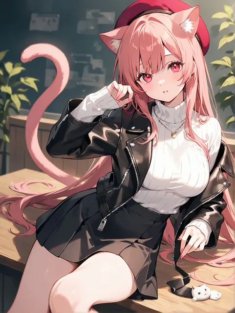 猫耳ベレー帽を被った女の子、セーター、黒の革ジャン、スカート