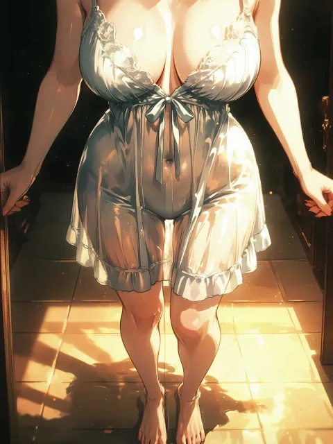 薄着で立つ色っぽい成年女性、月の出た庭、薄い夜着と素足