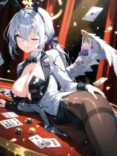 ポーカーテーブルの上で横になるバニーアズサ