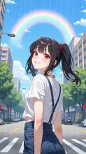 夕立の街、空にかかる七色の橋 — ネコまるさんのAIイラスト