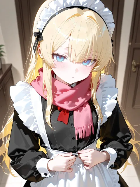1人の少女、金髪のロングヘア、メイド、マフラー - 胸元 vs 背中