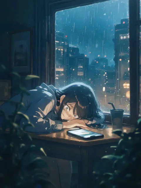 マンションの一室、窓の外は雨、机の上 スマホを見ながら泣く女