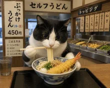 うどん食べるハチワレ猫