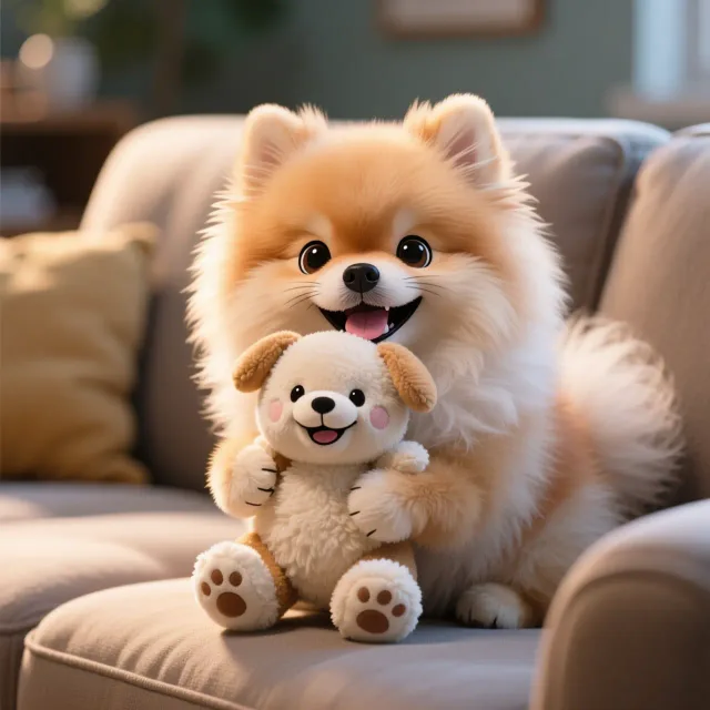 もふもふのポメラニアン、もふもふの犬のぬいぐるみ、咥える