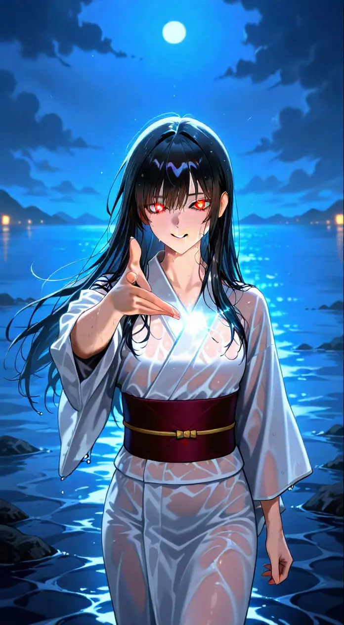濡女、長い黒髪、濡れた白い着物、水辺、儚げで妖しい微笑み、青い月光、怖可愛い、輝く高精細な萌え系イラスト、傑