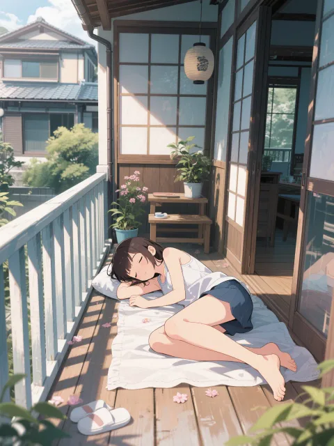 日本家屋の縁側でお昼寝してるワンピースを来た美少女 夏