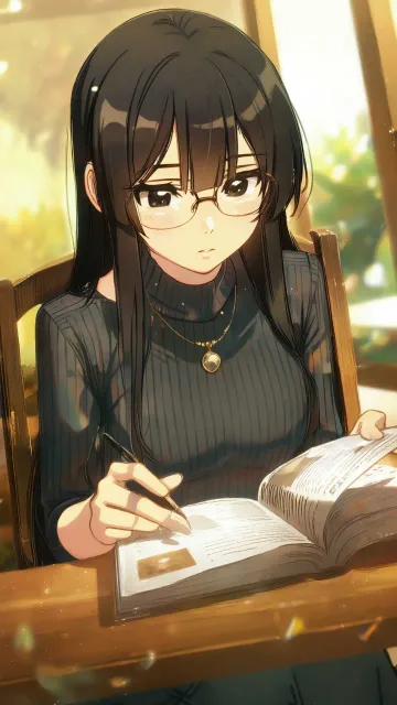 知的なメガネ美女、黒髪ロング、カフェで読書をする、フルHD