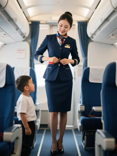 体全体見える状態で正面を向いている暑い機内で少年の世話をして…