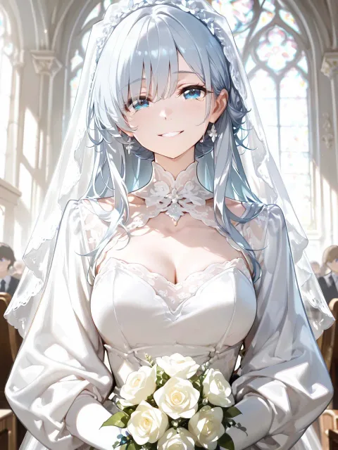 きちんとした服装、長いレースのベールをかぶった花嫁の成年女性