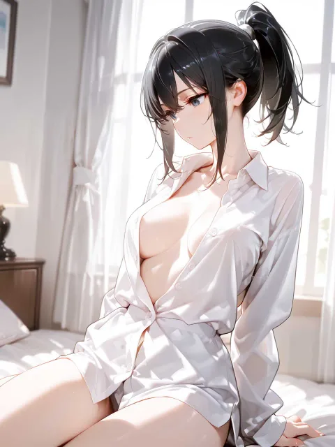 カッターシャツなし、ノーブラ、セクシー黒髪ポニーテール