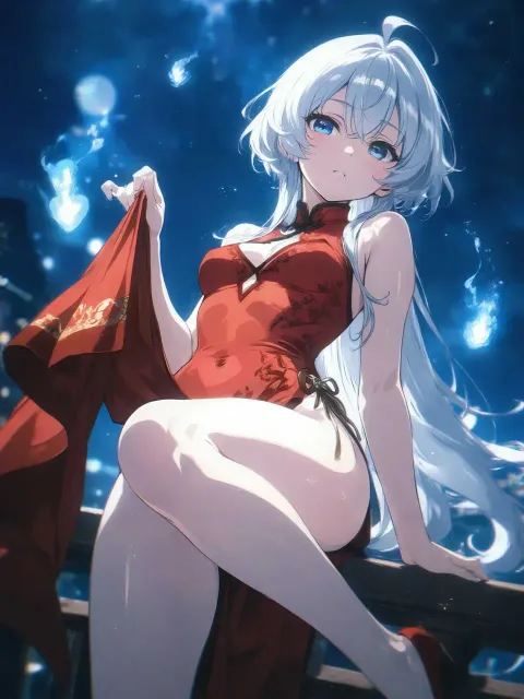 若い女性、白い長い髪、深いスリットの赤いチャイナドレス