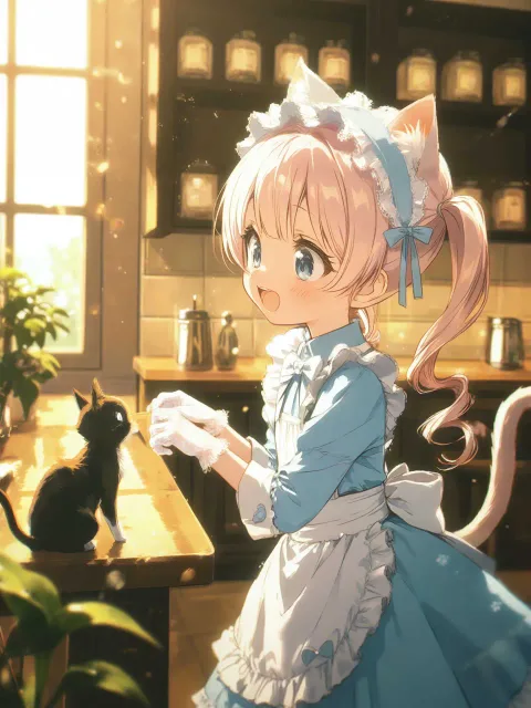 メイド喫茶、横向きショット、顔は正面、メンヘラ、水色の瞳