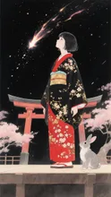 子うさぎと夜空を眺める、巫女装束の紅夜