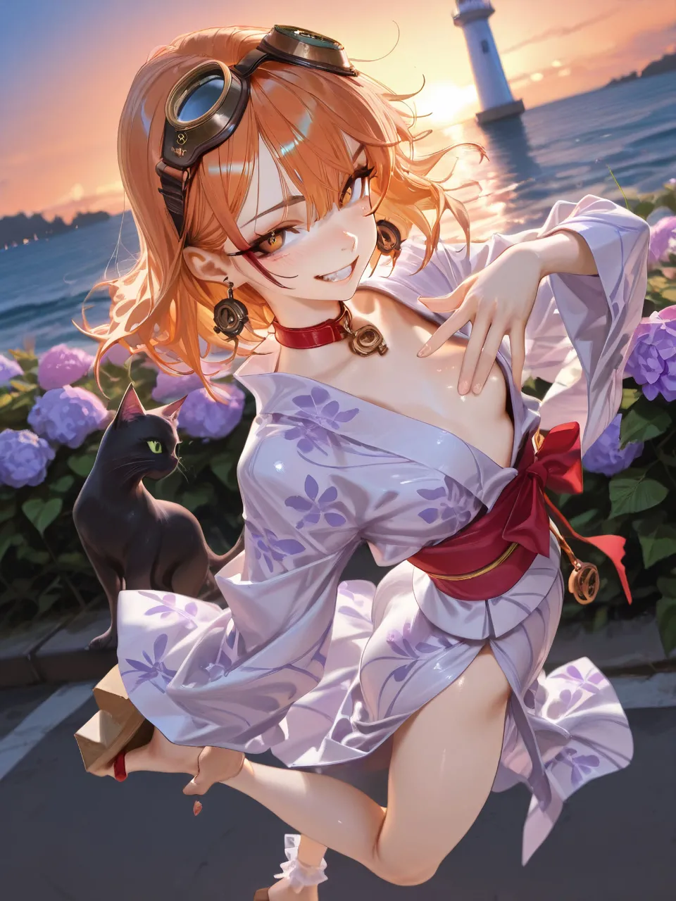 浴衣を着て夕焼けを見に来た…パンク娘と黒ニャンコ…橙