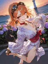 浴衣を着て夕焼けを見に来た…パンク娘と黒ニャンコ…橙