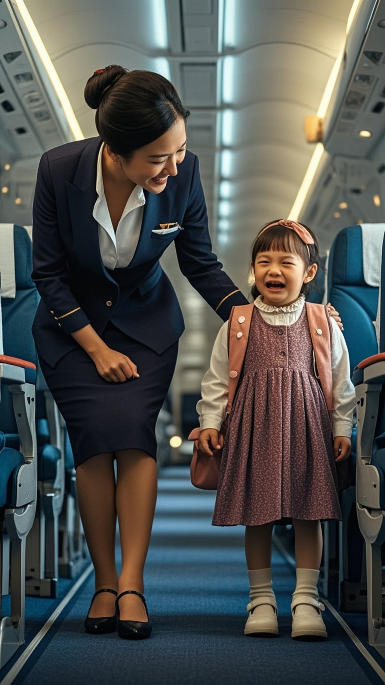 飛行機を怖がる女の子を必死に励ます
