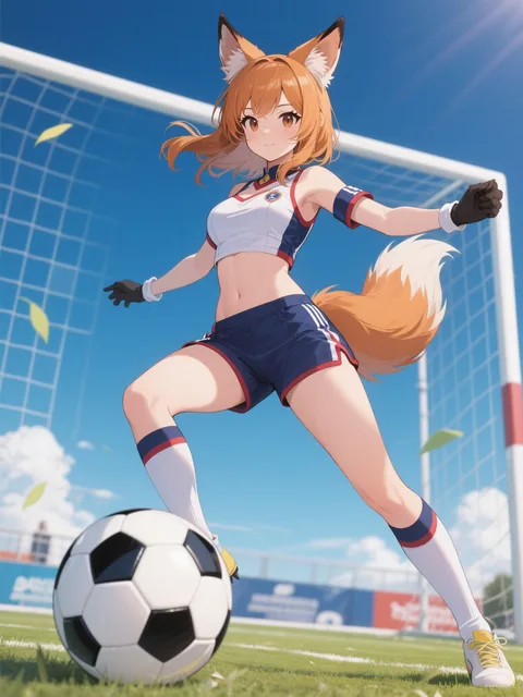 狐耳の女性がサッカーコスチュームでサッカーをする