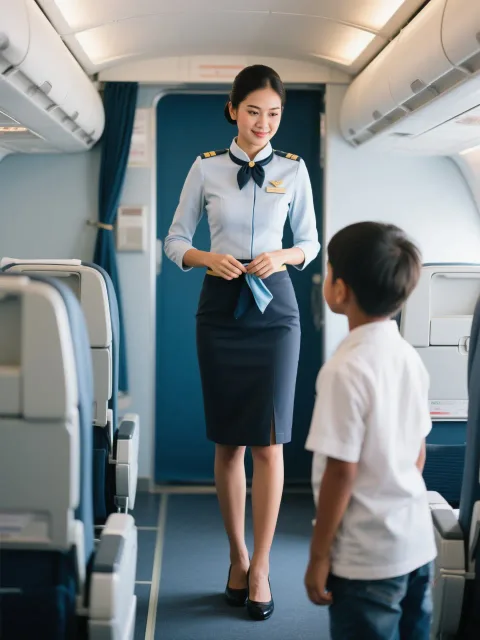 体全体見える状態で正面を向いている暑い機内で少年の世話をして…