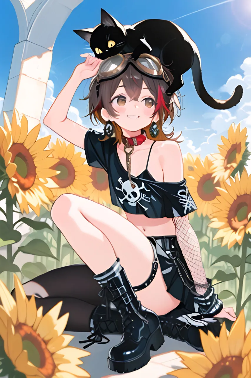 向日葵畑にやって来た…パンク娘と黒ニャンコ…茶