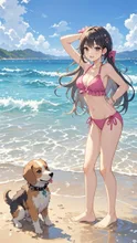 波打ち際で遊ぶ少女と子犬