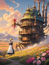 Clockwork Echoes in the Flower-Wreathed Castle at Dusk