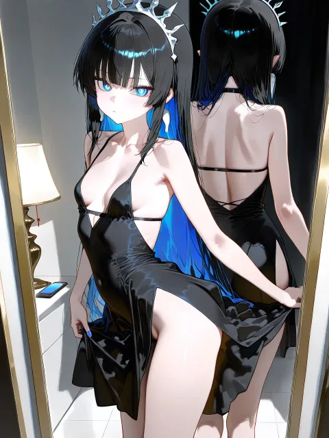 片方の肩を大きく落として背中を丸めて膝を抱えて座る細身の黒い…