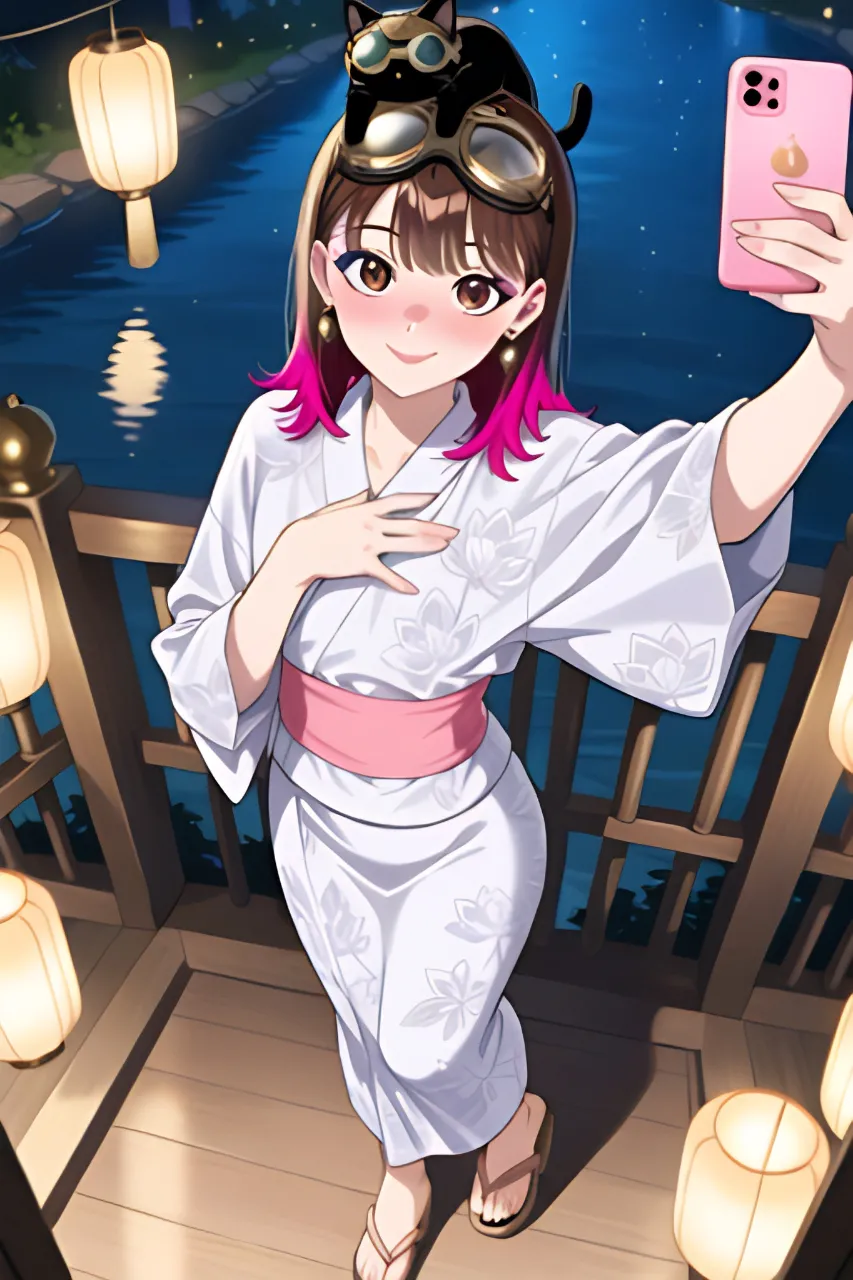 浴衣姿で自撮りしてる…パンク娘と黒ニャンコ…茶
