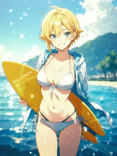 サーフボードを持つ健康的で色っぽいサーファーの女性、夏の海で
