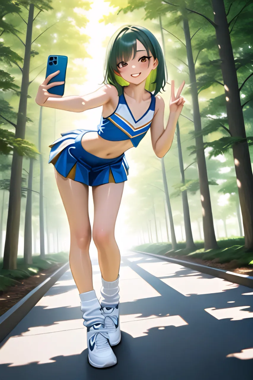 木漏れ日の下で自撮りするチアガール…緑