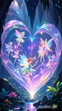 洞窟の奥に虹色の光と妖精