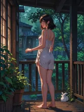 月の光とデッキの上の紅夜さんと子うさぎ