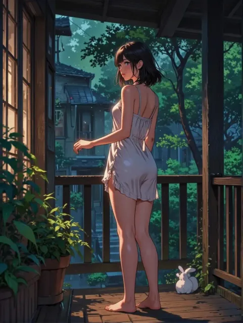 月の光とデッキの上の紅夜さんと子うさぎ
