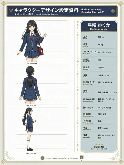 三面図、黒髪ロングヘアの美少女、学校制服、ミニスカート