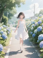紫陽花の小道を散歩中