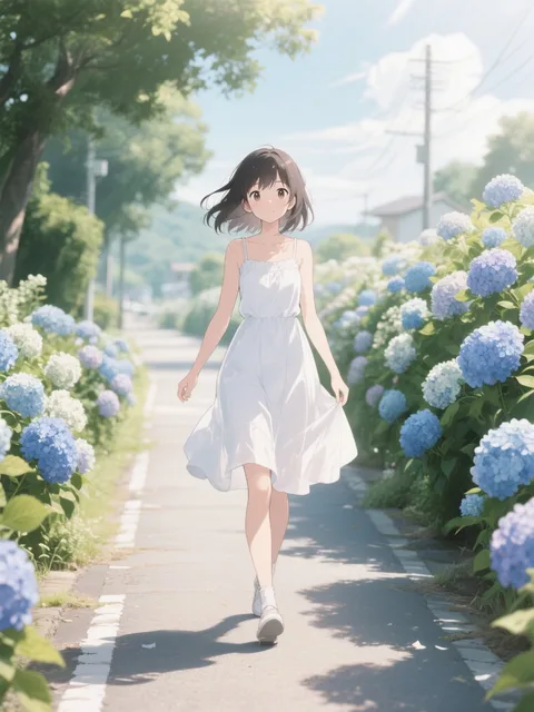 紫陽花の小道を散歩中