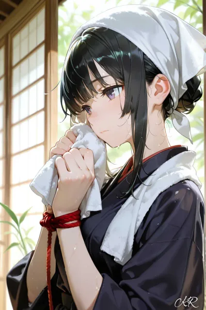 藍の作務衣を着て黒髪を手ぬぐいで姉さん被りにした日本人の農婦