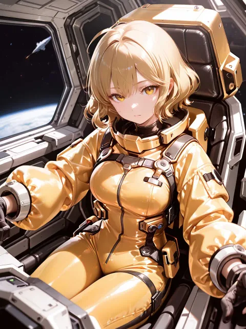 宇宙船の船内、コックピットに座りワープの衝撃に備える女性