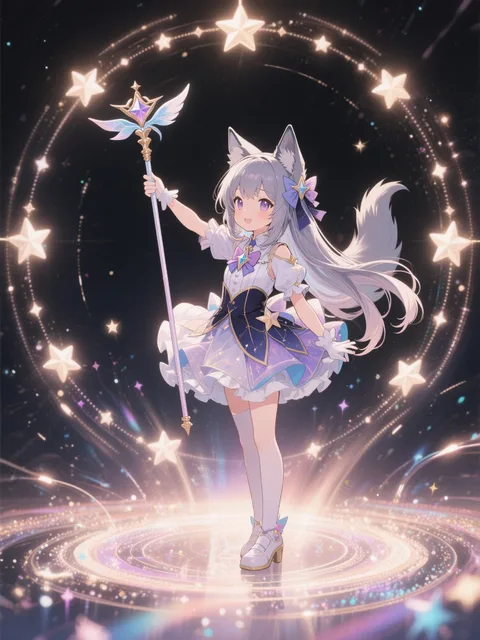 風の魔法少女の変身、狼耳尻尾少女、長いグラテーション髪
