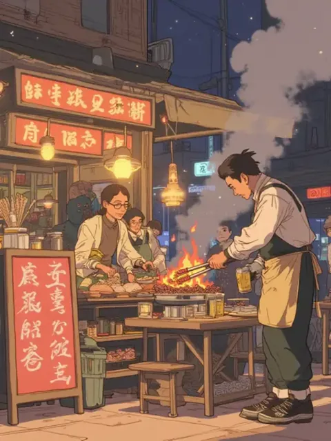Late - night street food warms the heart; the aroma of barbe…