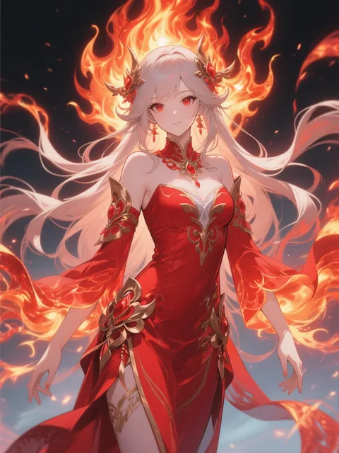 赤く輝く火炎の中に女神 - 画像生成チャレンジ