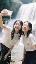 滝を背景に記念撮影をする女子2人👩🏼‍🤝‍👩🏻あら、スマホが濡れてますよ大丈夫⁉️