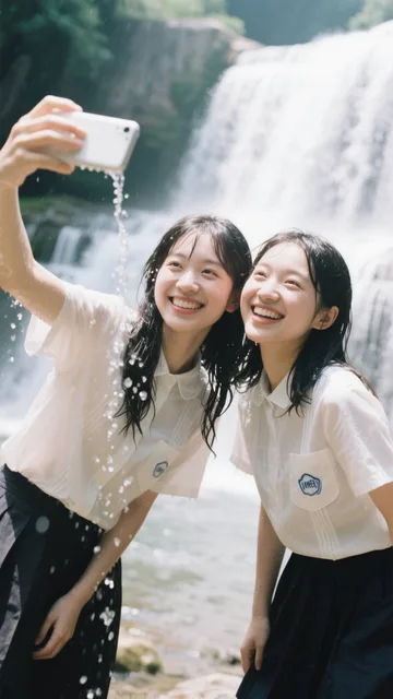 滝を背景に記念撮影をする女子2人👩🏼🤝👩🏻あら、スマホが濡れてますよ大丈夫⁉️