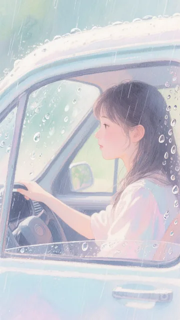 雨粒が窓を流れるドライブ中の女の子 - 画像生成チャレンジ