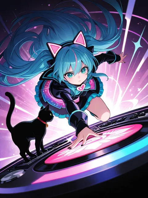 ビート刻むDJガール☆挙手 白猫と黒猫 - 画像生成チャレンジ