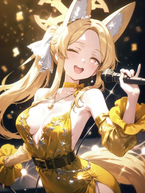 黄色いドレスを着た歌手姿のセイア