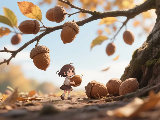 小さくなった小人の女の子が木の実を取ろうとしている