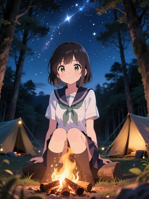 焚き火を囲む夜、潤んだ瞳、煽りアングル - 林間学校