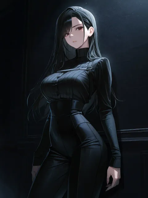 全身黒づくめの色っぽい成年女性、黒い壁の前