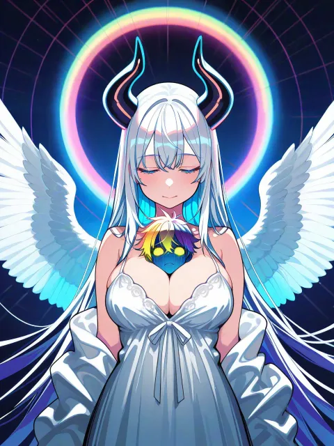 白い羽の天使と黒い翼の悪魔のドレス姿の色っぽい成年女性がふた…
