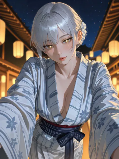 浴衣姿の成年女性、夜空を彩る浴衣美人、銀髪のショートヘア
